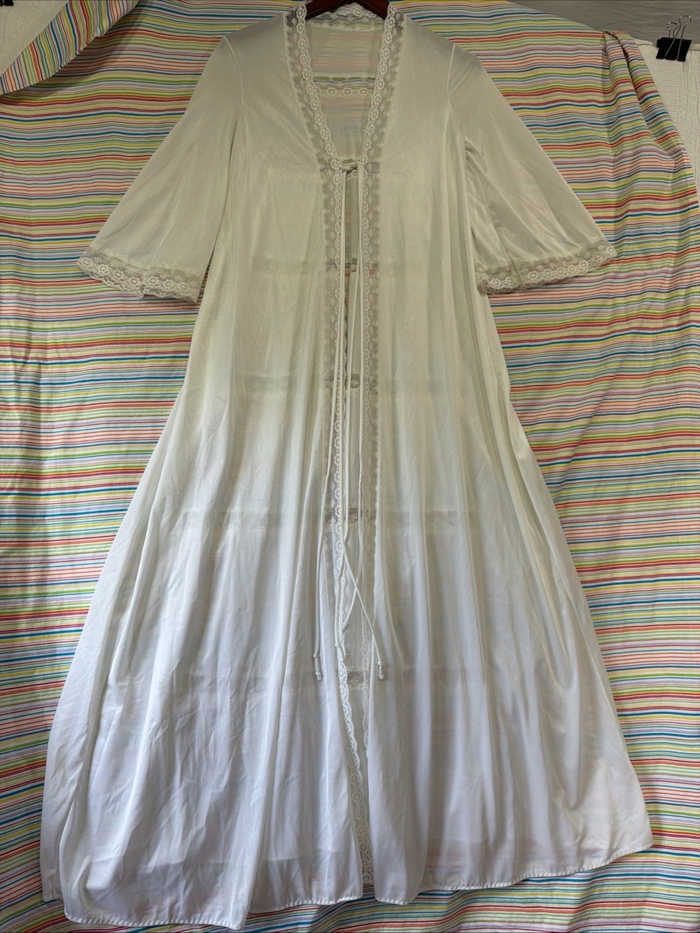 Vintage Ilise Stevens Petite White Nylon Robe Sheer Lace Panels Long Maxi Open